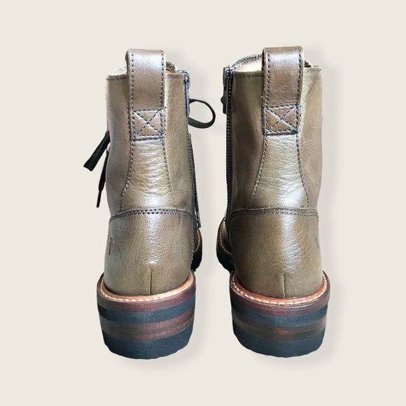 Frye Ella Moto Lace Up Tan Leather Combat Pull On Lace Up Casual Moto Ankle Boot - Picture 12 of 16